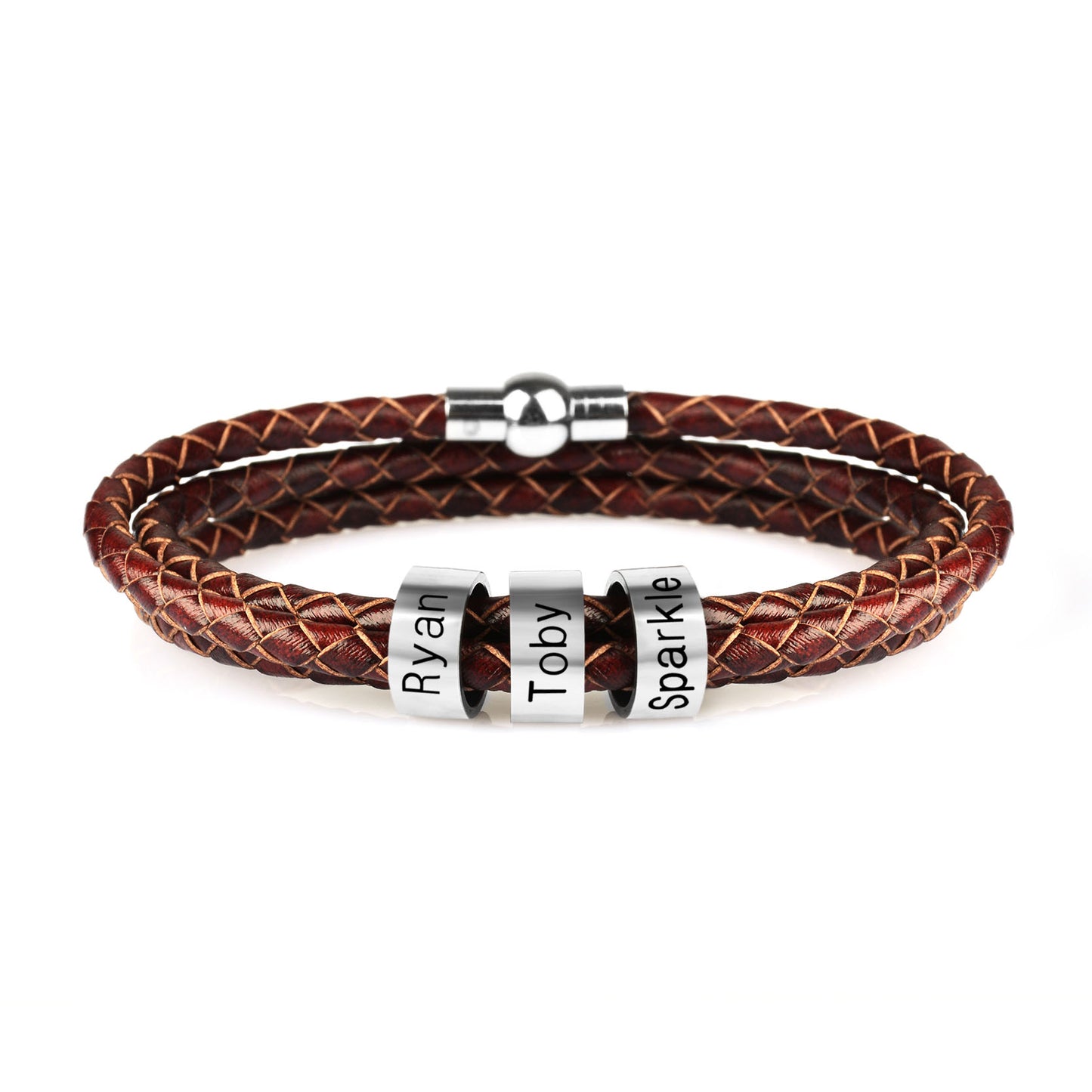 Personalized Mens Braided Genuine Leather Bracelet Stainless Steel Custom Beads Name Charm Bracelet For Men With Family Names