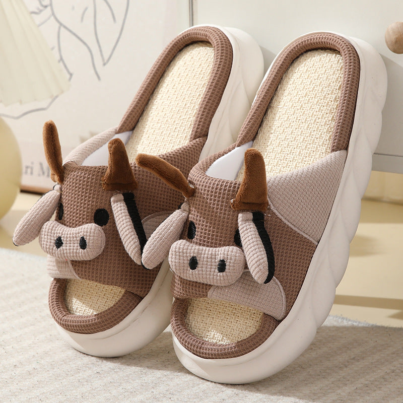 Cute Cartoon Cow Slippers Linen Non-slip Shoes Indoor Garden Home Slippers