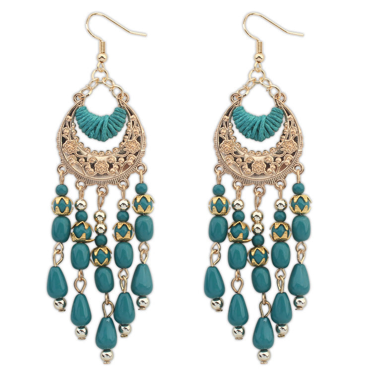 Ethnic style earrings female European and American elegant hand-made water drops tassel earrings Bohemian crescent-shaped earrings