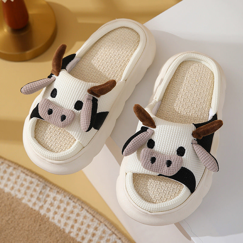 Cute Cartoon Cow Slippers Linen Non-slip Shoes Indoor Garden Home Slippers