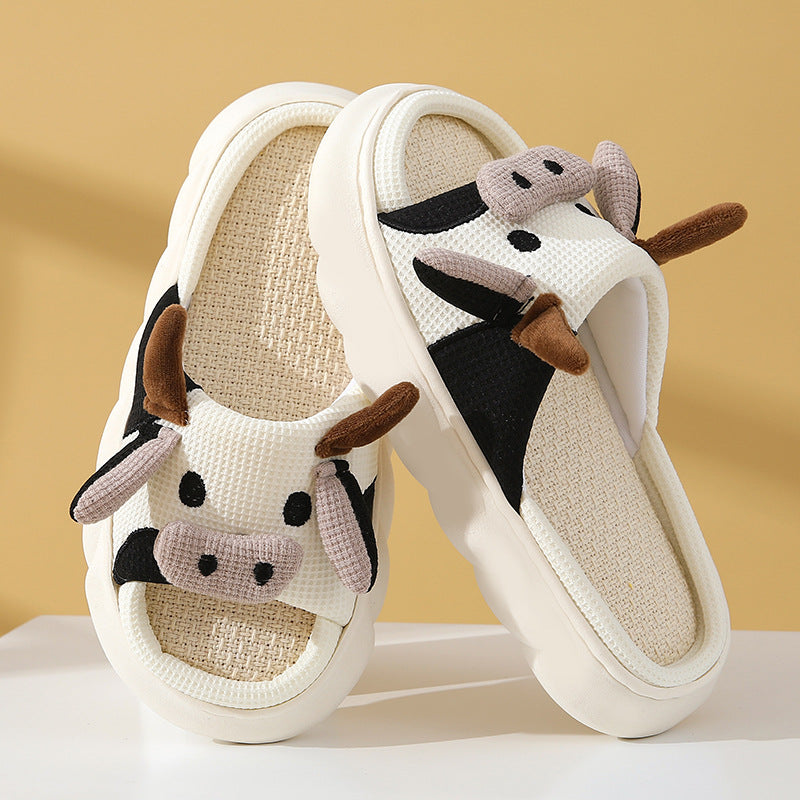 Cute Cartoon Cow Slippers Linen Non-slip Shoes Indoor Garden Home Slippers