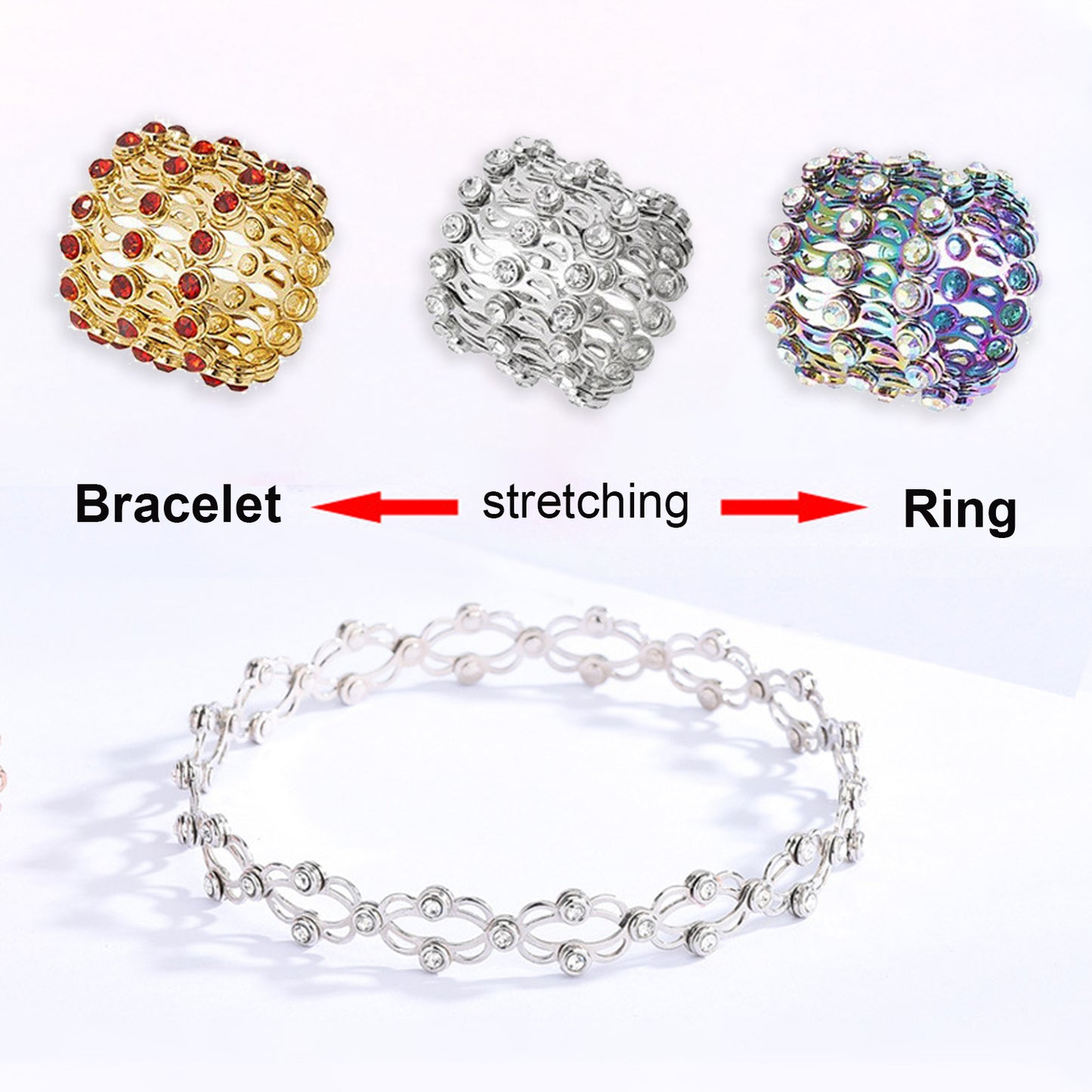 2 In 1 Folding Retractable Rings Bracelet Magic Rhinestone Rings Deformable Bracelet Women Ins Style Adjustable Fashion Jewelry