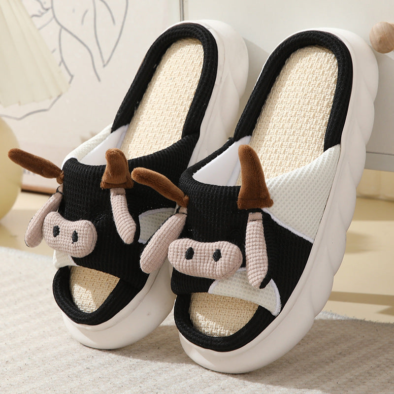 Cute Cartoon Cow Slippers Linen Non-slip Shoes Indoor Garden Home Slippers