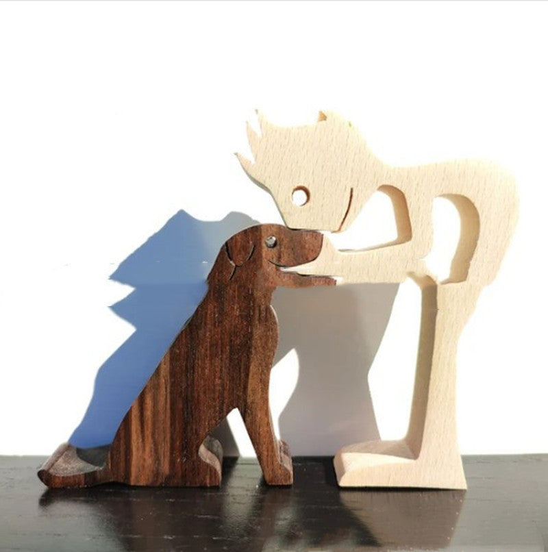 DIY Figurine Wood Dog Ornament Sculpture Home Decoration A Man A Dog Wood Sculpture Christmas Gifts Model Decor