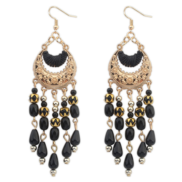 Ethnic style earrings female European and American elegant hand-made water drops tassel earrings Bohemian crescent-shaped earrings