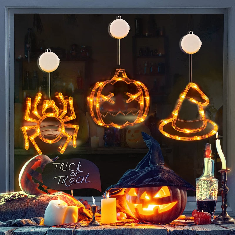 Halloween Window Hanging LED Lights Spider Pumpkin Hanging Ghost Horror Atmosphere Lights Holiday Party Decorative Lights Home Decor