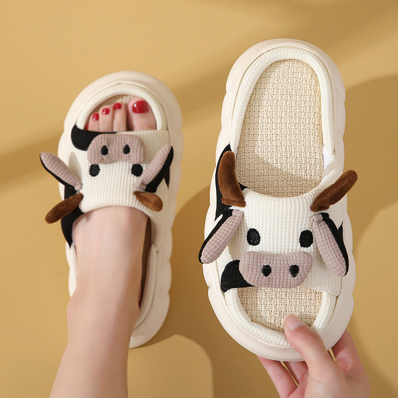 Cute Cartoon Cow Slippers Linen Non-slip Shoes Indoor Garden Home Slippers